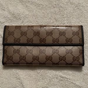 Gucci Wallet:Gucci Brown GG Crystal Coated Canvas and Leather Continental Wallet